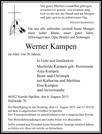 Todesanzeige von Werner Kampen von Rheinische Post