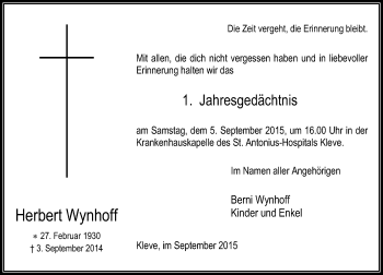 Todesanzeige von Herbert Wynhoff von Rheinische Post
