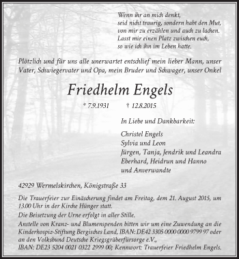 Todesanzeige von Friedhelm Engels von Rheinische Post