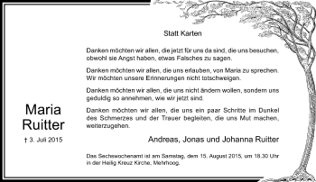 Todesanzeige von Maria Ruitter von Rheinische Post