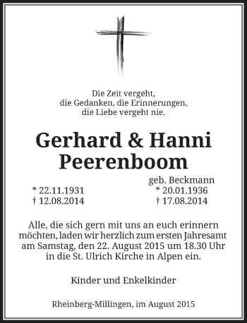 Todesanzeige von Gerhard und Hanni Peerenboom von Rheinische Post