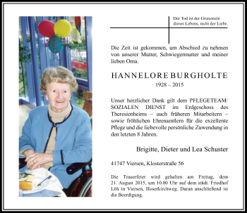 Todesanzeige von Hannelore Burgholte von Rheinische Post