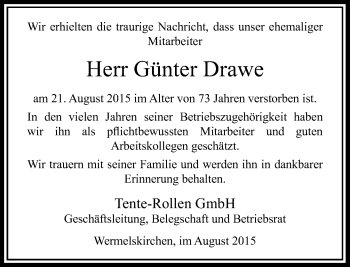 Todesanzeige von Günter Drawe von Rheinische Post
