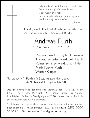 Todesanzeige von Andreas Furth von Rheinische Post