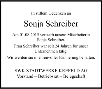 Todesanzeige von Sonja Schreiber von Rheinische Post