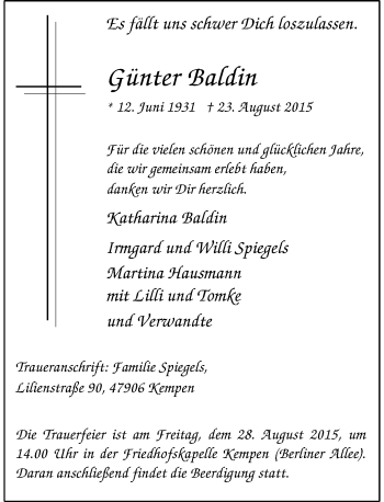 Todesanzeige von Günter Baldin von Rheinische Post