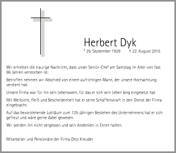 Todesanzeige von Herbert Dyk von Rheinische Post