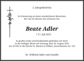 Todesanzeige von Beate Adler von Rheinische Post