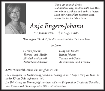 Todesanzeige von Anja Engers-Johann von Rheinische Post