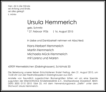 Todesanzeige von Ursula Hemmerich von Rheinische Post