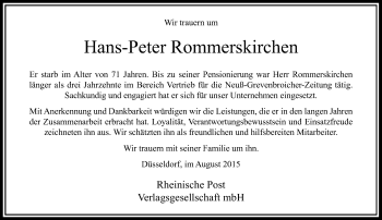 Todesanzeige von Hans-Peter Rommerskirchen von Rheinische Post