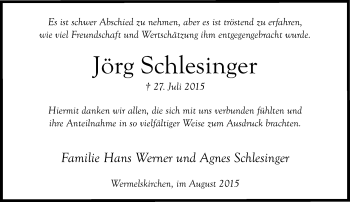 Todesanzeige von Jörg Schlesinger von Rheinische Post