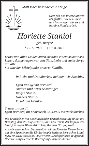 Todesanzeige von Horiette Staniol von Rheinische Post