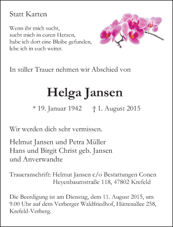 Todesanzeige von Helga Jansen von Rheinische Post