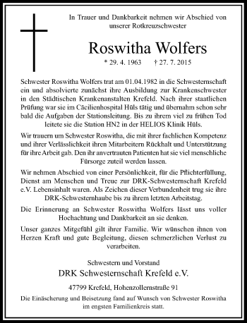 Todesanzeige von Roswitha Wolfers von Rheinische Post