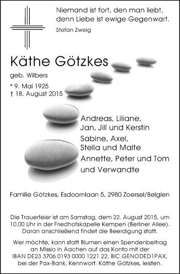Todesanzeige von Käthe Götzkes von Rheinische Post