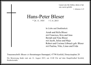 Todesanzeige von Hans-Peter Bleser von Rheinische Post
