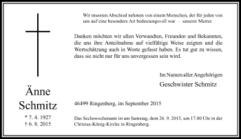 Todesanzeige von Änne Schmitz von Rheinische Post