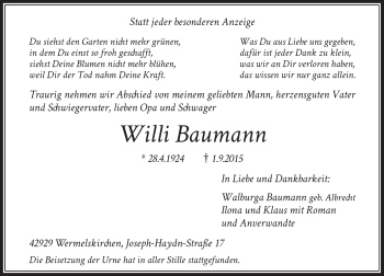 Todesanzeige von Willi Baumann von Rheinische Post