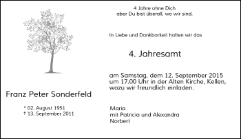 Todesanzeige von Franz Peter Sonderfeld von Rheinische Post