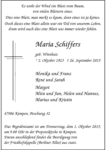 Todesanzeige von Maria Schiffers von Rheinische Post