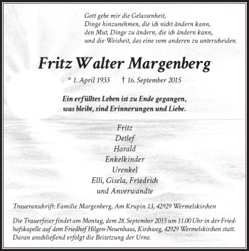 Todesanzeige von Fritz Walter Margenberg von Rheinische Post