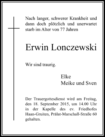Todesanzeige von Erwin Lonczewski von Rheinische Post