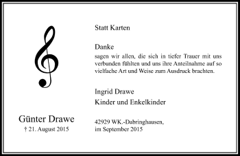 Todesanzeige von Günter Drawe von Rheinische Post