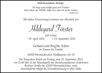 Todesanzeige von Hildegard Förster von Rheinische Post