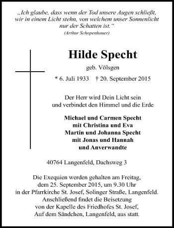 Todesanzeige von Hilde Specht von Rheinische Post