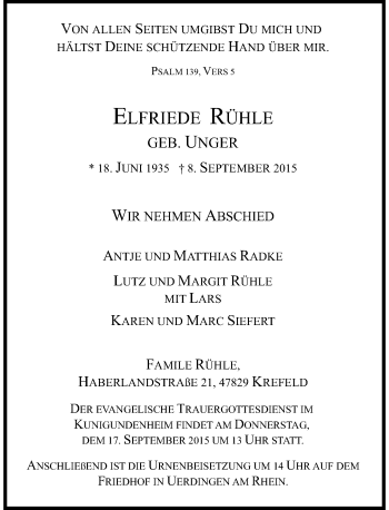 Todesanzeige von Elfriede Rühle von Rheinische Post