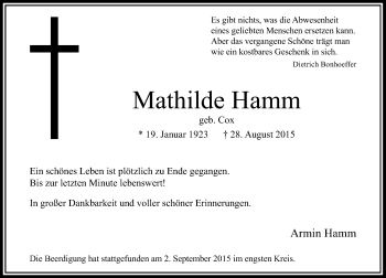 Todesanzeige von Mathilde Hamm von Rheinische Post