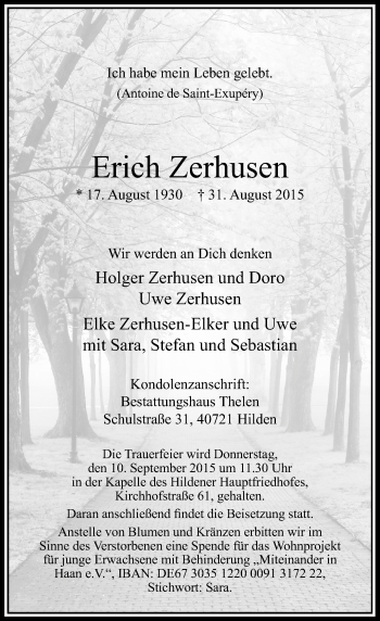 Todesanzeige von Erich Zerhusen von Rheinische Post