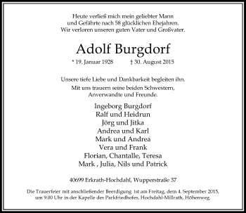 Todesanzeige von Adolf Burgdorf von Rheinische Post