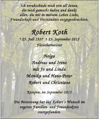 Todesanzeige von Robert Koth von Rheinische Post