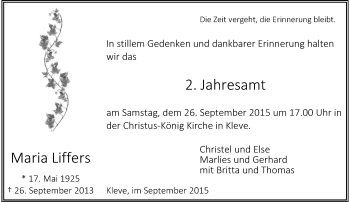 Todesanzeige von Maria Liffers von Rheinische Post