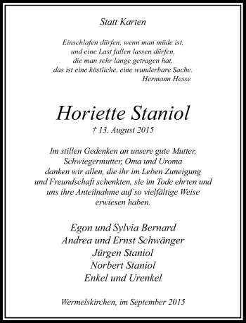 Todesanzeige von Horiette Staniol von Rheinische Post