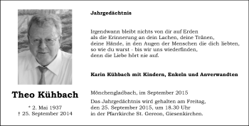 Todesanzeige von Theo Kühbach von Rheinische Post