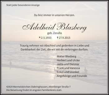 Todesanzeige von Adelheid Blasberg von Rheinische Post