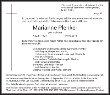 Todesanzeige von Marianne Plenker von Rheinische Post