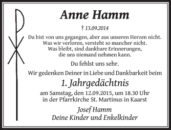 Todesanzeige von Anne Hamm von Rheinische Post
