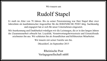 Todesanzeige von Rudolf Stapel von Rheinische Post