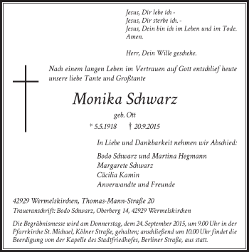 Todesanzeige von Monika Schwarz von Rheinische Post
