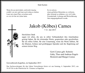 Todesanzeige von Jakob Cames von Rheinische Post