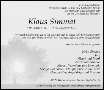 Todesanzeige von Klaus Simmat von Rheinische Post