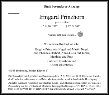 Todesanzeige von Irmgard Prinzhorn von Rheinische Post