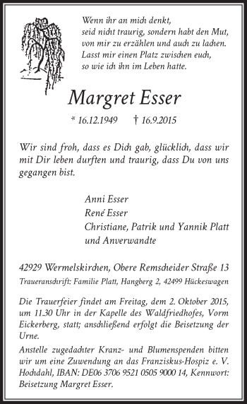 Todesanzeige von Margret Esser von Rheinische Post