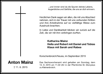 Todesanzeige von Anton Mainz von Rheinische Post