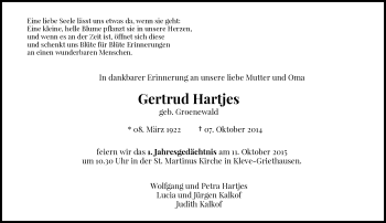Todesanzeige von Gertrud Hartjes von Rheinische Post
