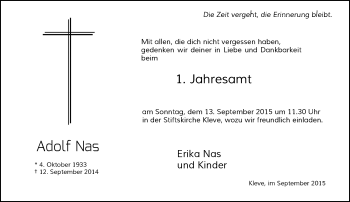 Todesanzeige von Adolf Nas von Rheinische Post